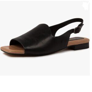 YDN Black Open Toe Slingback Low Chunky Heel Pumps Strap Buckle Stacked Shoes